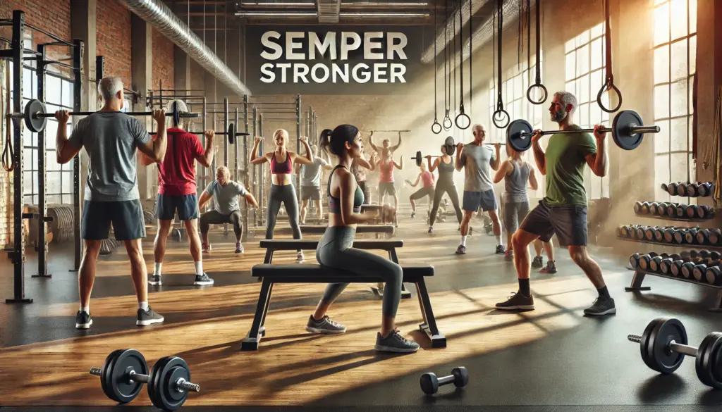 Strength For Life 1 DALL·E 2024 06 22 17.33.10 An inspiring and motivational scene featuring a diverse group of people of various ages and fitness levels engaging in strength training exercises in